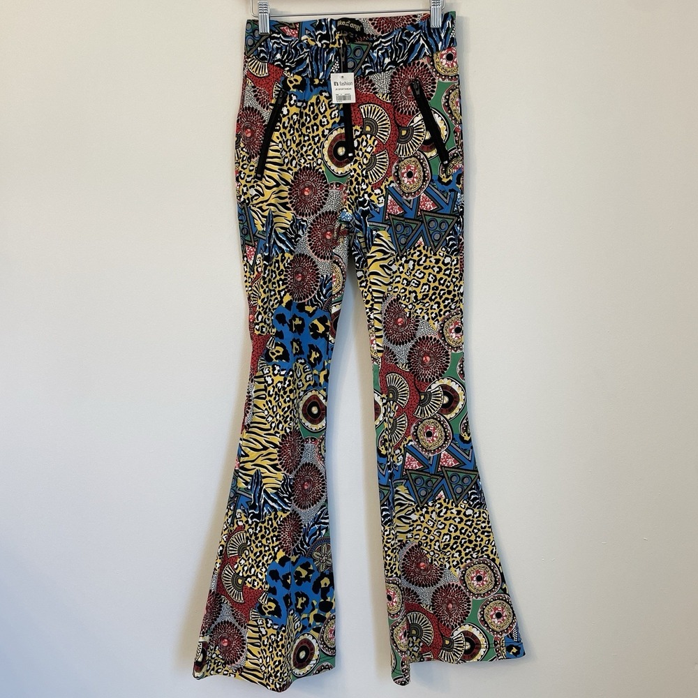 Boho Mixed Animal Print Flare Pants Med Festival Geometric Maximalist